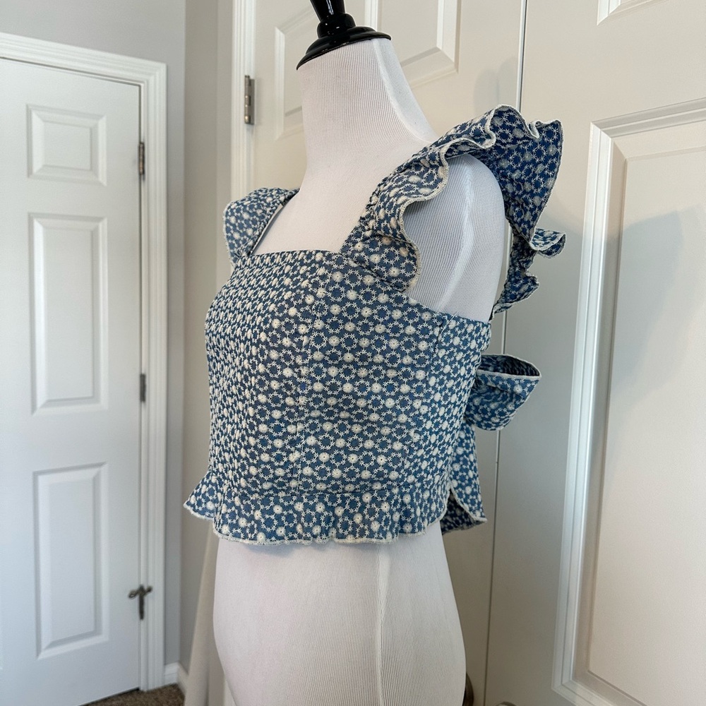 Blue Floral Ruffle Sleeve Top - Picture 4 of 11